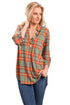 Sexy Orange Grassy Plaid Long Sleeve Preppy Blouse